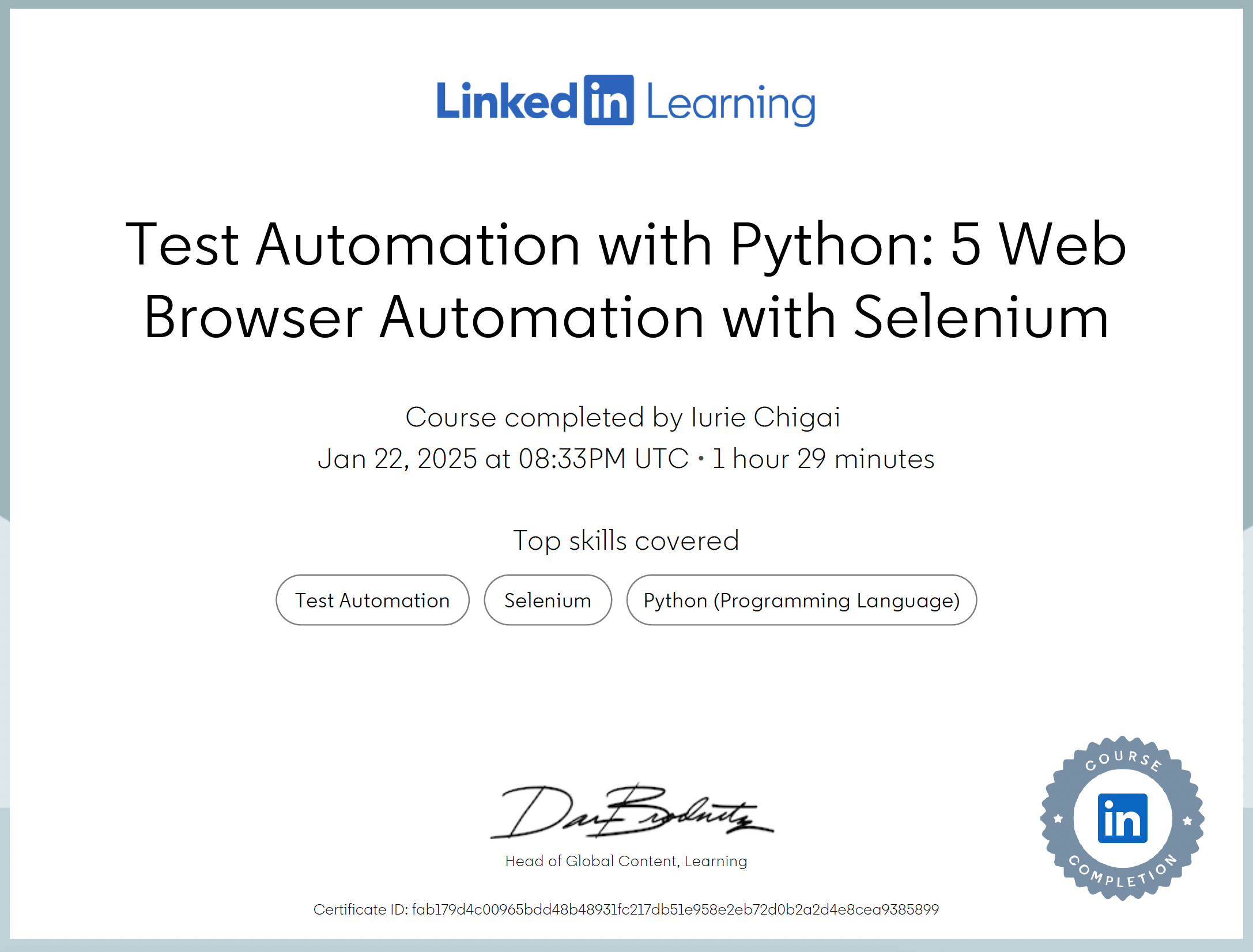 Test Automation with Python certificate issued by Linkedin